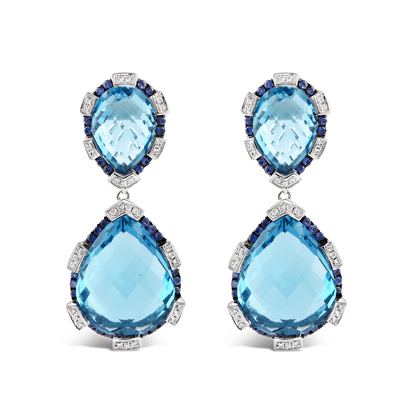 Pear Blue Topaz, Sapphire & Diamond Drop Earrings - Ecali