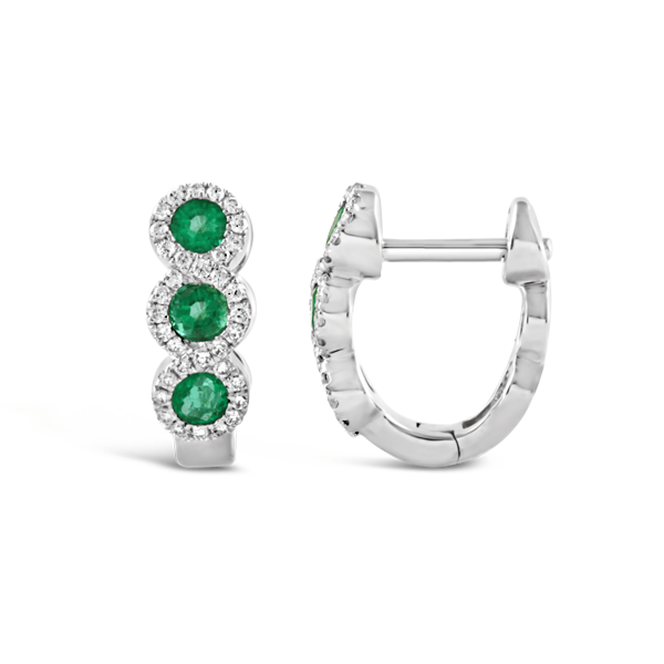 White Gold Emerald & Diamond Halo Huggie Earrings - Ecali