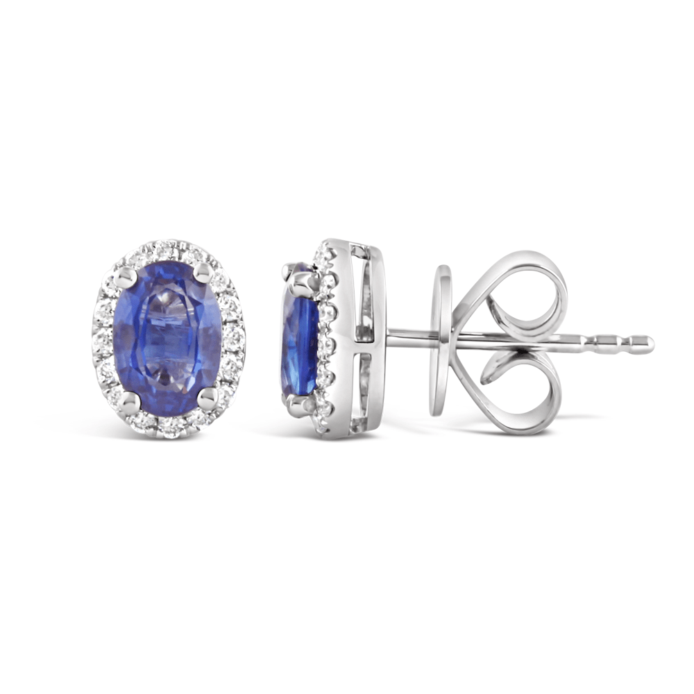 White Gold, Oval Blue Sapphire & Diamond Halo Earrings - Ecali